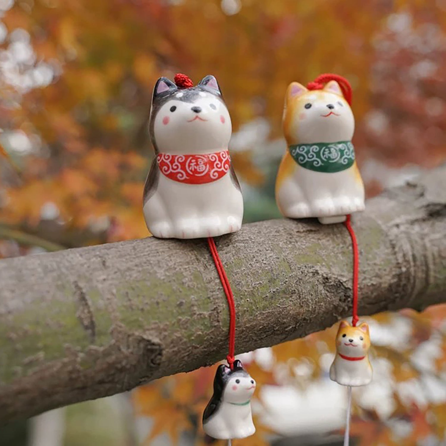 Carillon japonais en céramique Shiba Inu famille par Yakushigama