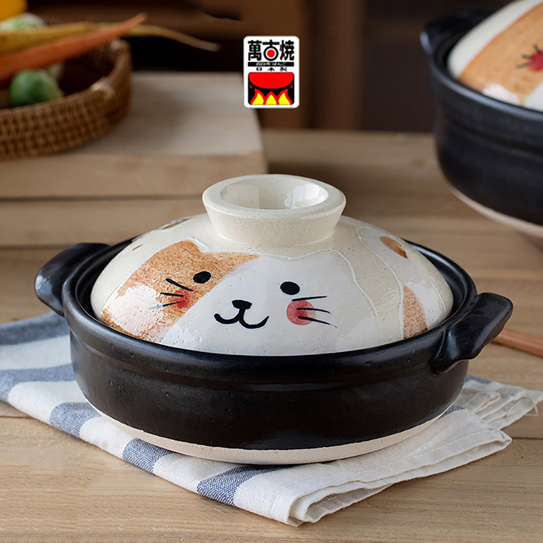 Cocotte japonaise Wanko-yaki avec Motif chat peint à la main