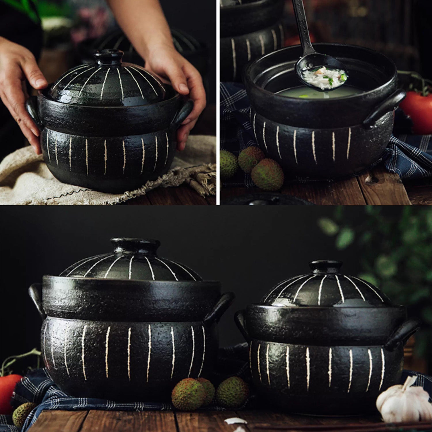 Donabe à double couvercle noir Tokusa