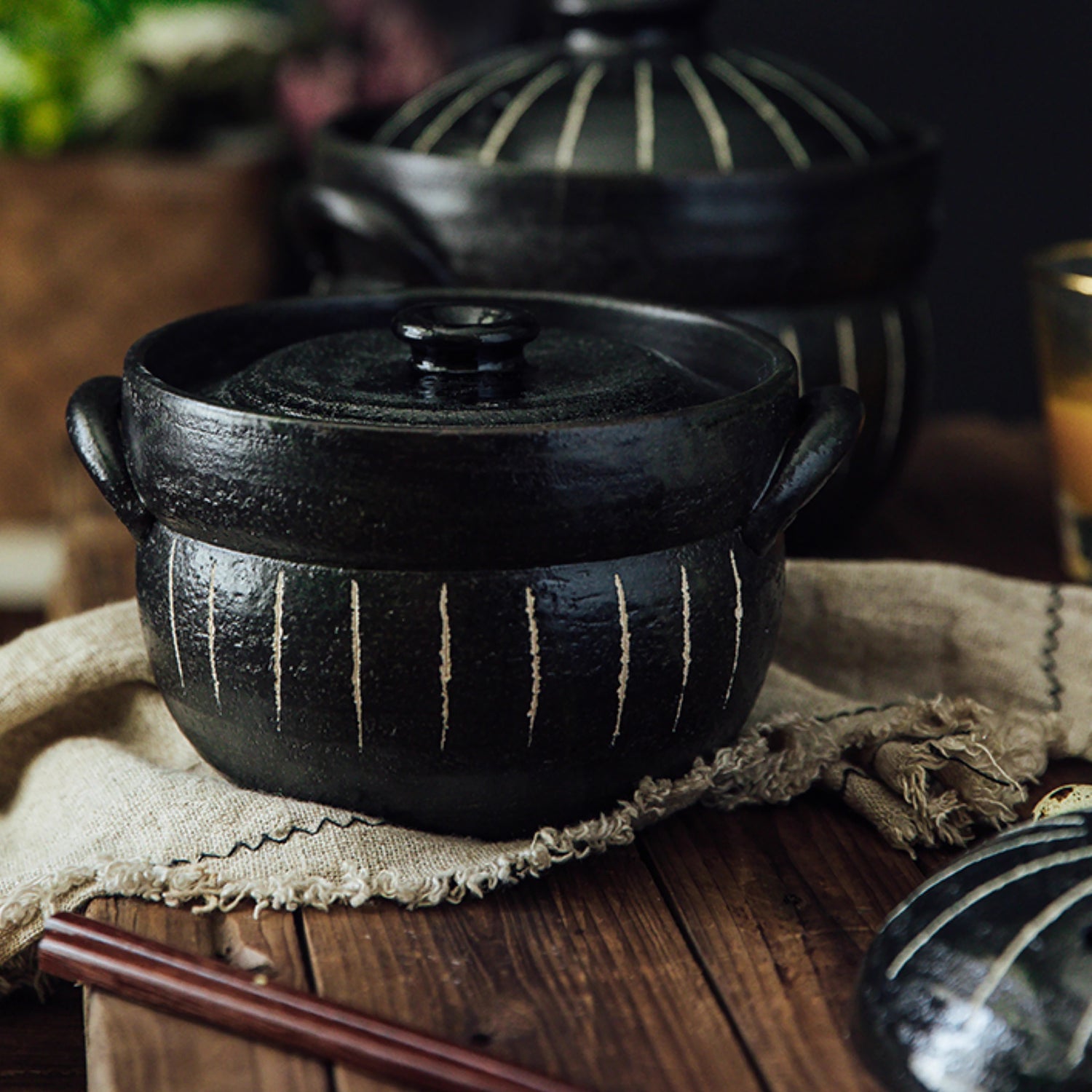 Donabe à double couvercle noir Tokusa