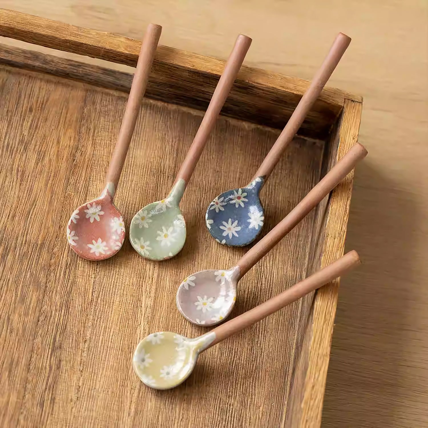 Cuillère à café en grès Minoyaki avec motif fleurs