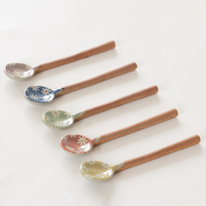 Cuillère à café en grès Minoyaki avec motif fleurs