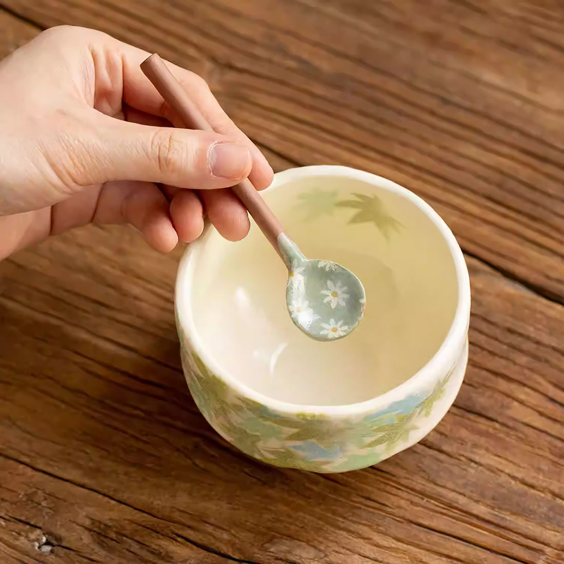 Cuillère à café en grès Minoyaki avec motif fleurs