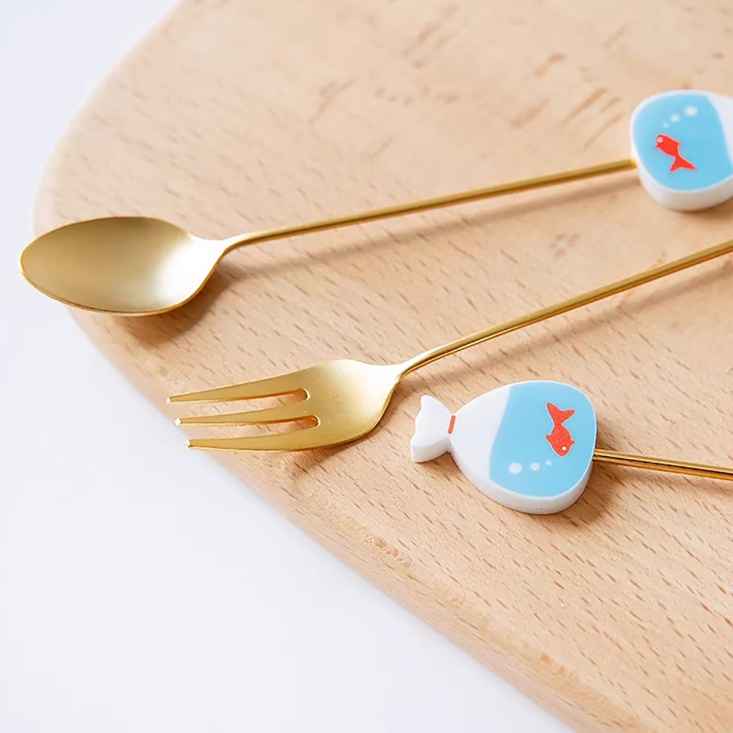 Cuillère et fourchette dessert inox doré Japon avec tige décorative