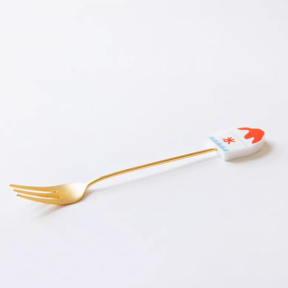 Cuillère et fourchette dessert inox doré Japon avec tige décorative