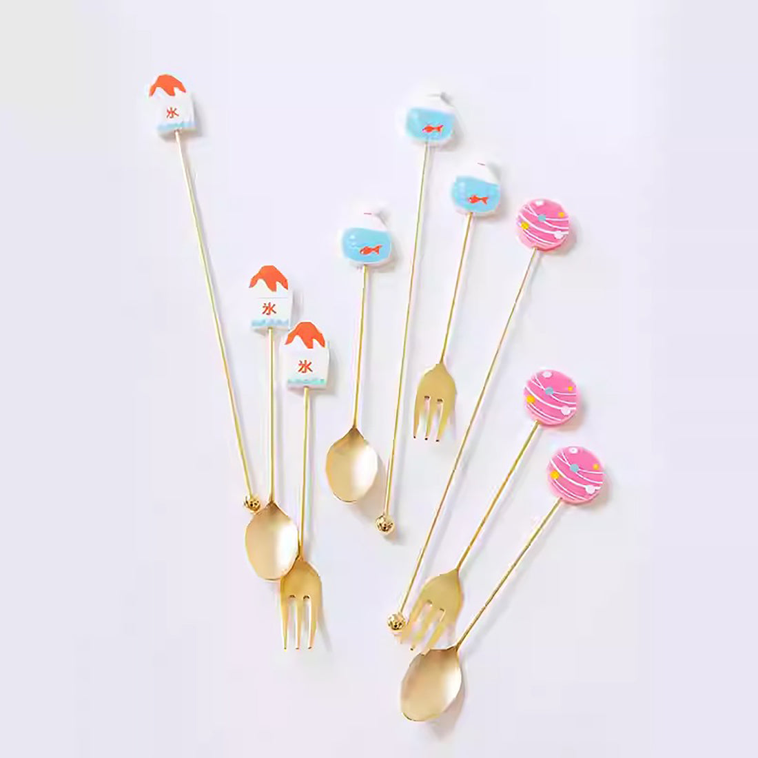 Cuillère et fourchette dessert inox doré Japon avec tige décorative