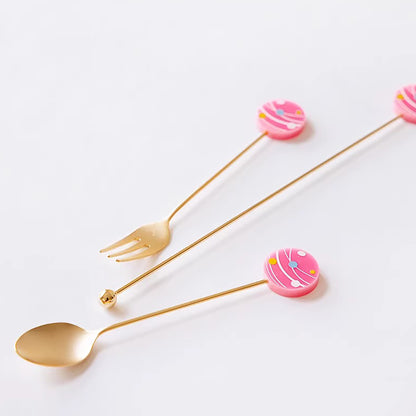 Cuillère et fourchette dessert inox doré Japon avec tige décorative