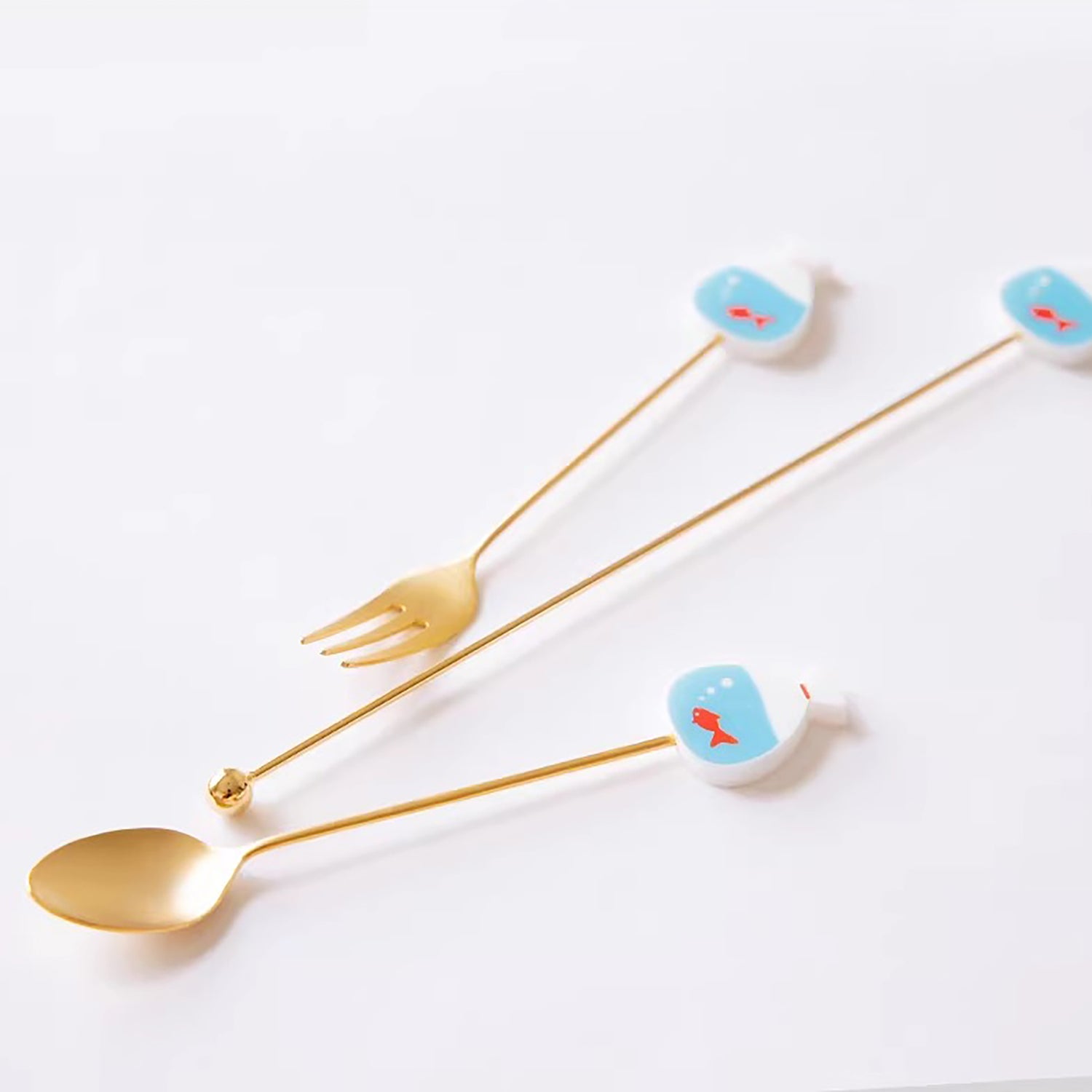 Cuillère et fourchette dessert inox doré Japon avec tige décorative