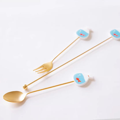 Cuillère et fourchette dessert inox doré Japon avec tige décorative