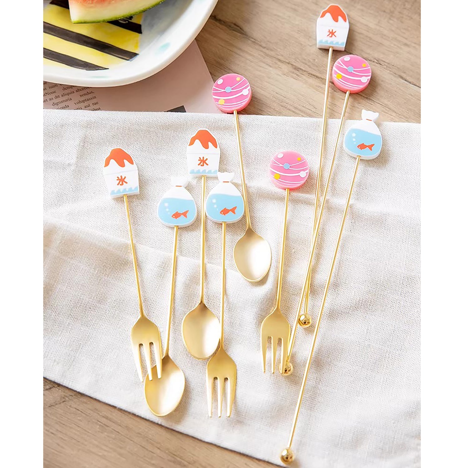 Cuillère et fourchette dessert inox doré Japon avec tige décorative