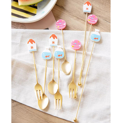 Cuillère et fourchette dessert inox doré Japon avec tige décorative