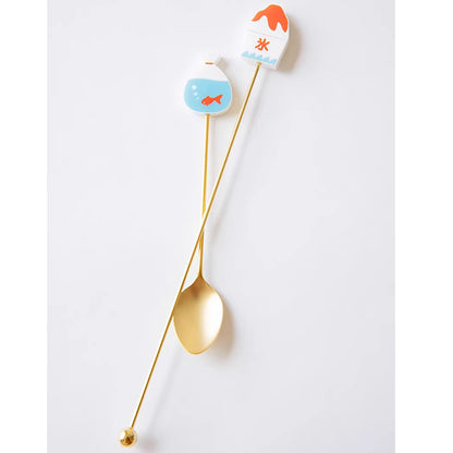 Cuillère et fourchette dessert inox doré Japon avec tige décorative