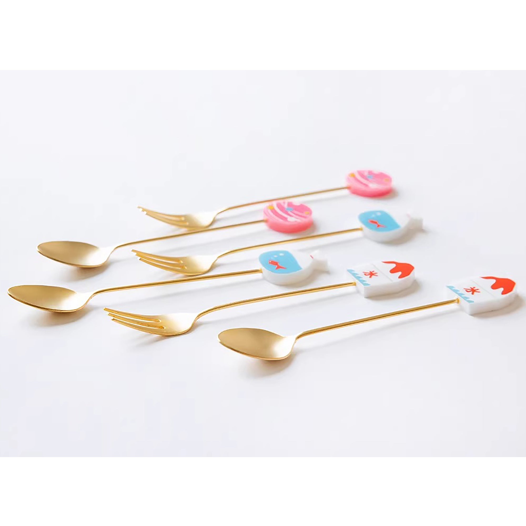 Cuillère et fourchette dessert inox doré Japon avec tige décorative