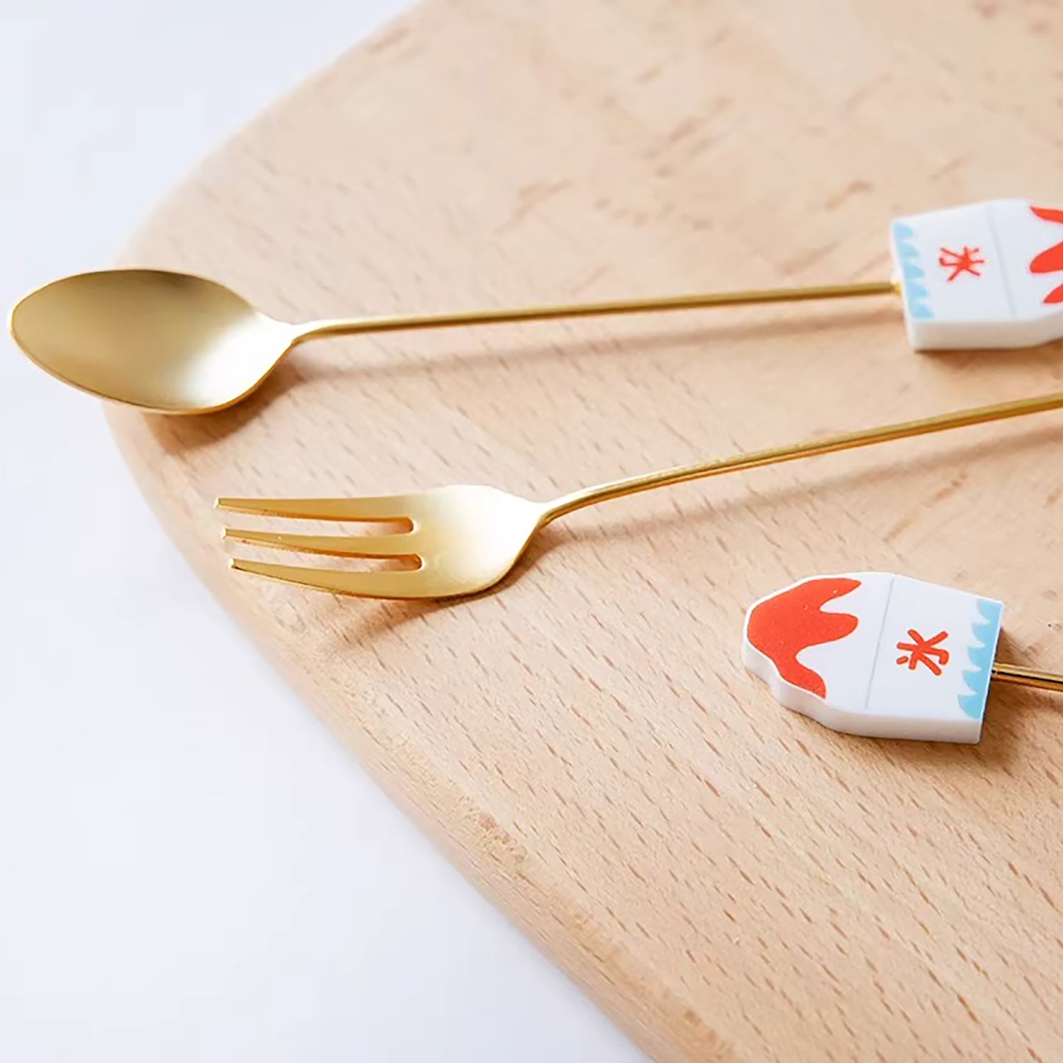 Cuillère et fourchette dessert inox doré Japon avec tige décorative