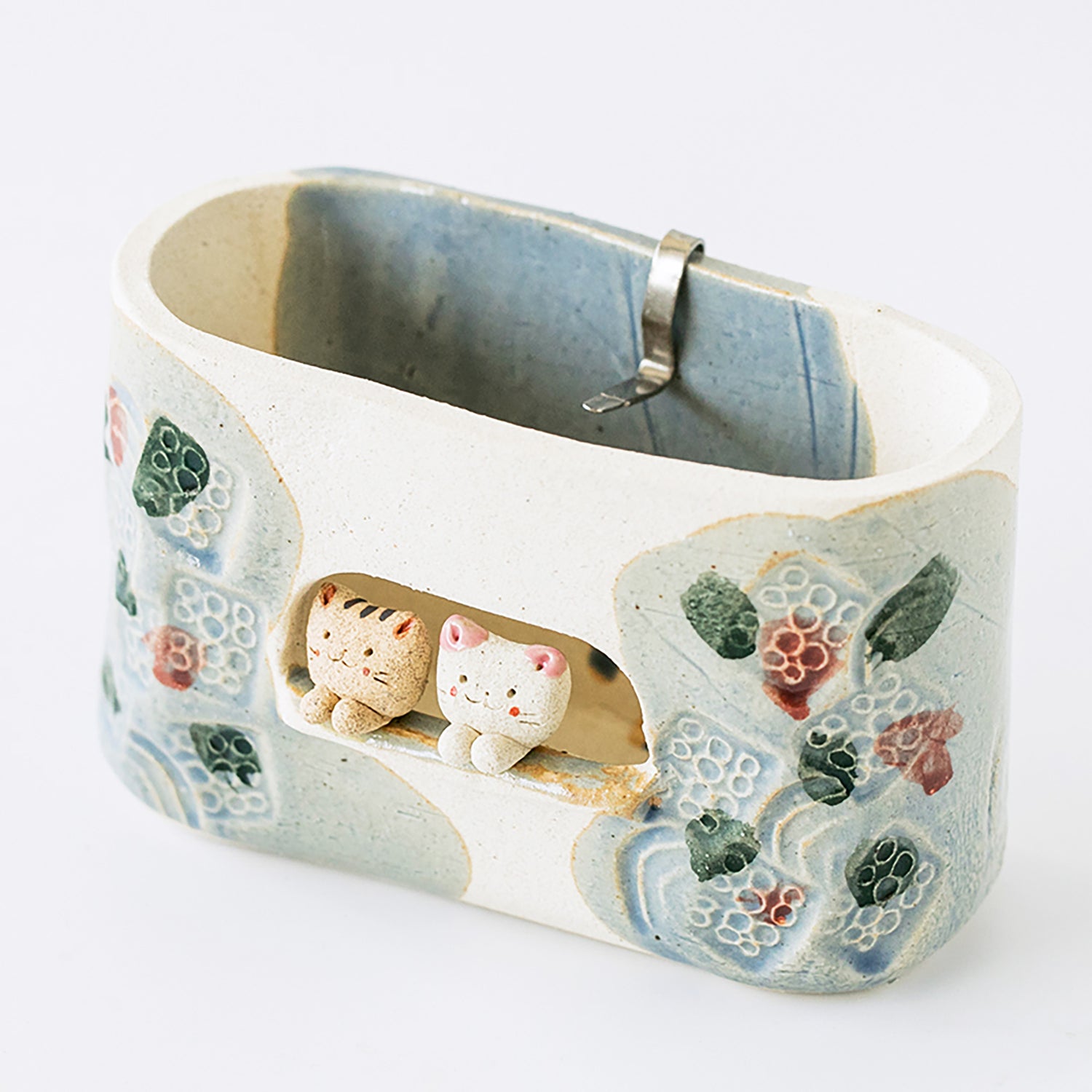 Porte-encens en céramique de Seto avec chat en relief