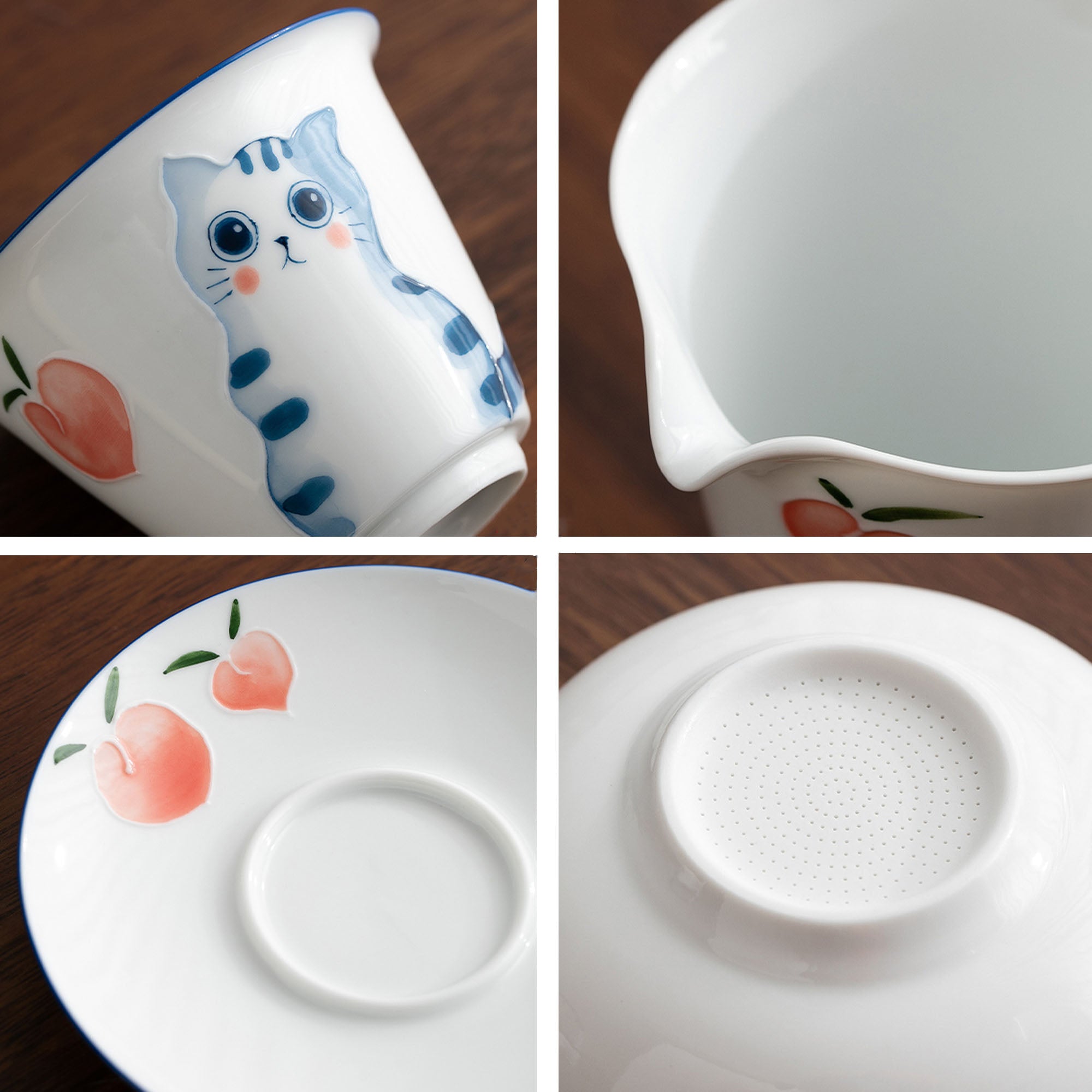 Ensemble de gaiwan en porcelaine blanche avec motif de chat mignon