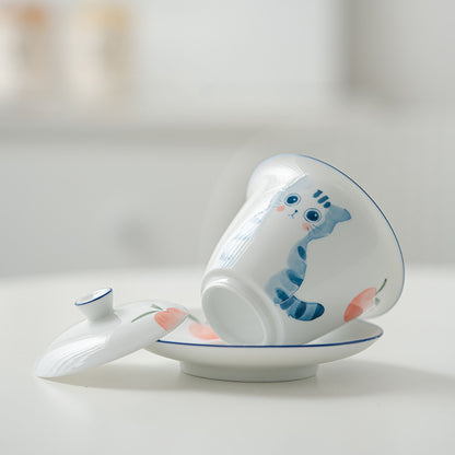 Ensemble de gaiwan en porcelaine blanche avec motif de chat mignon