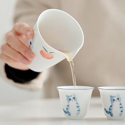 Ensemble de gaiwan en porcelaine blanche avec motif de chat mignon