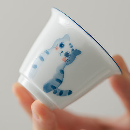 Ensemble de gaiwan en porcelaine blanche avec motif de chat mignon