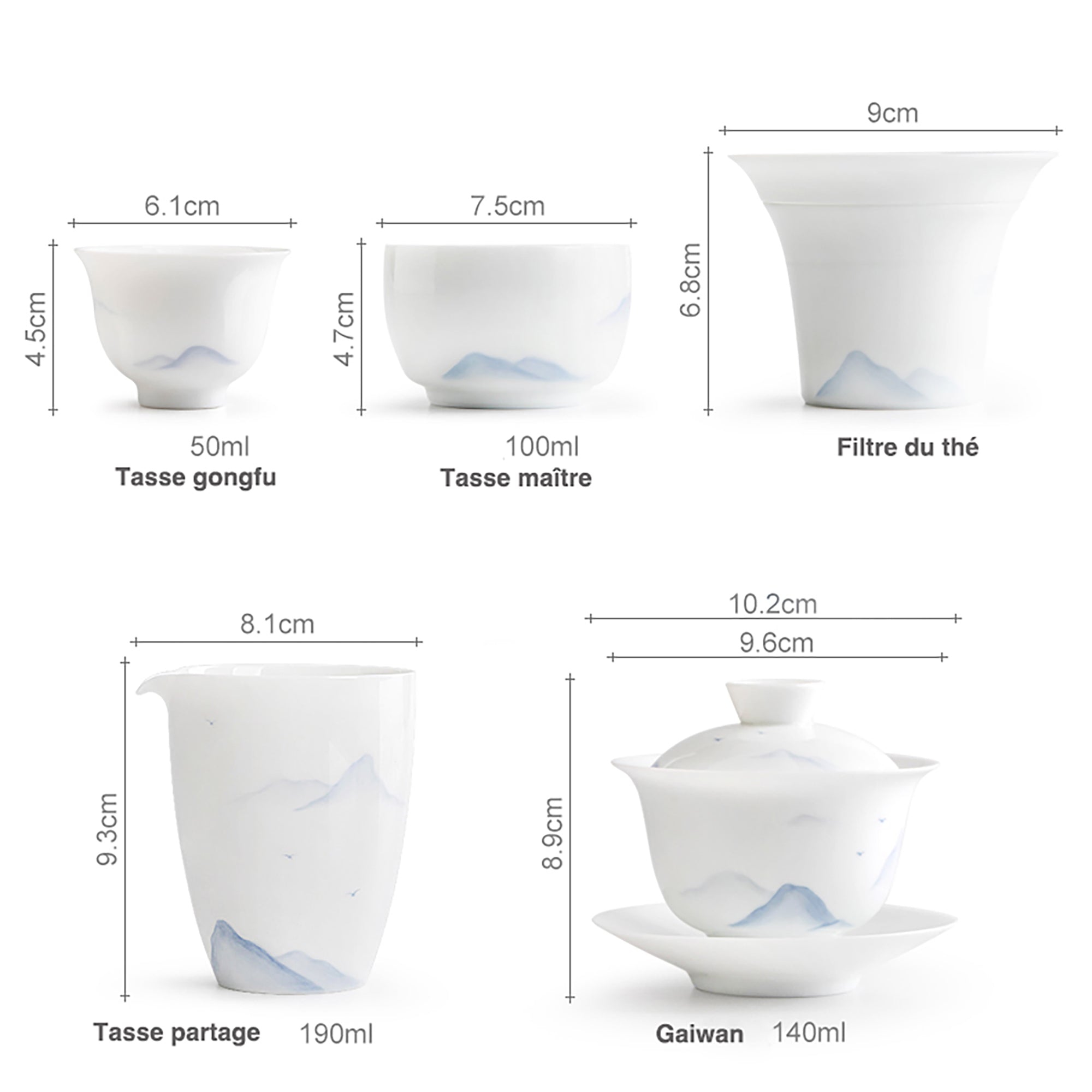 Ensemble de Gai wan en porcelaine blanche avec motif de montagne