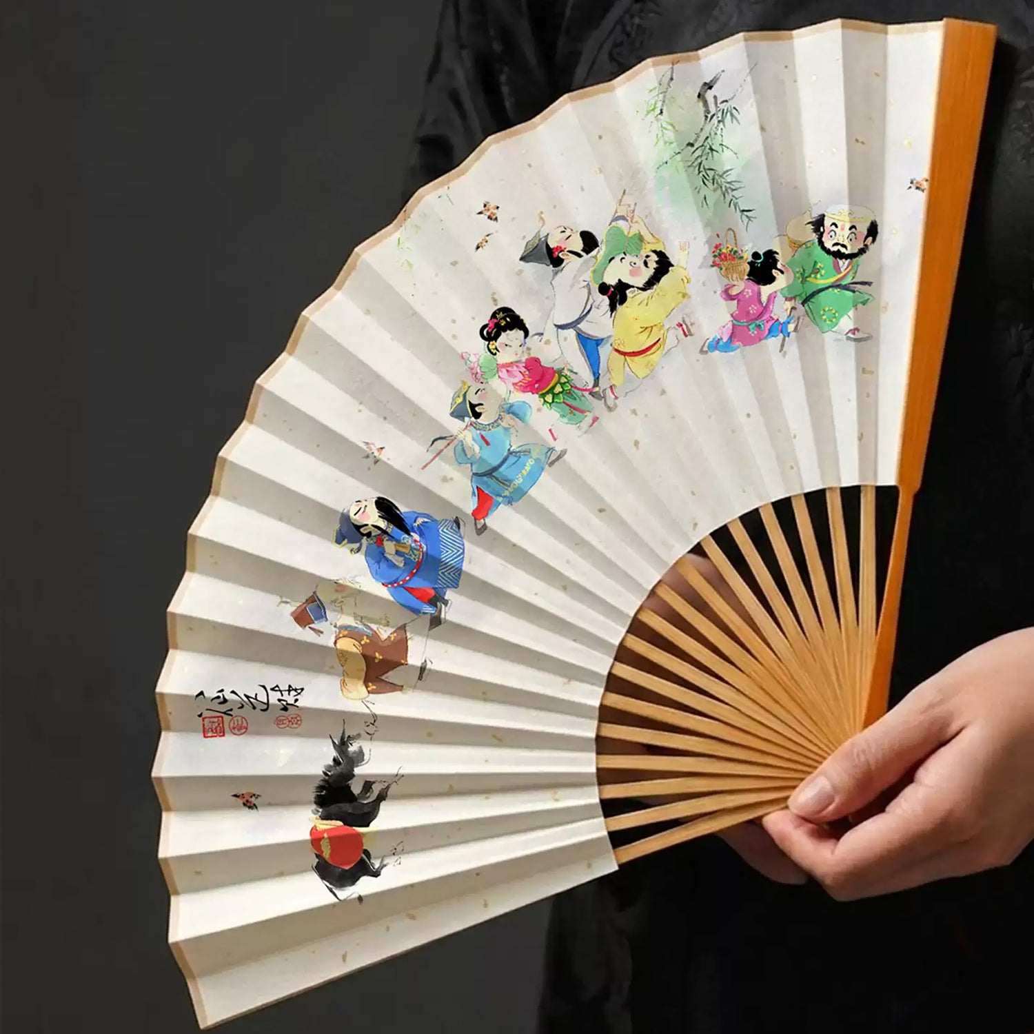 Éventail pliant artisanal chinois en papier Xuan et bambou d’Anji