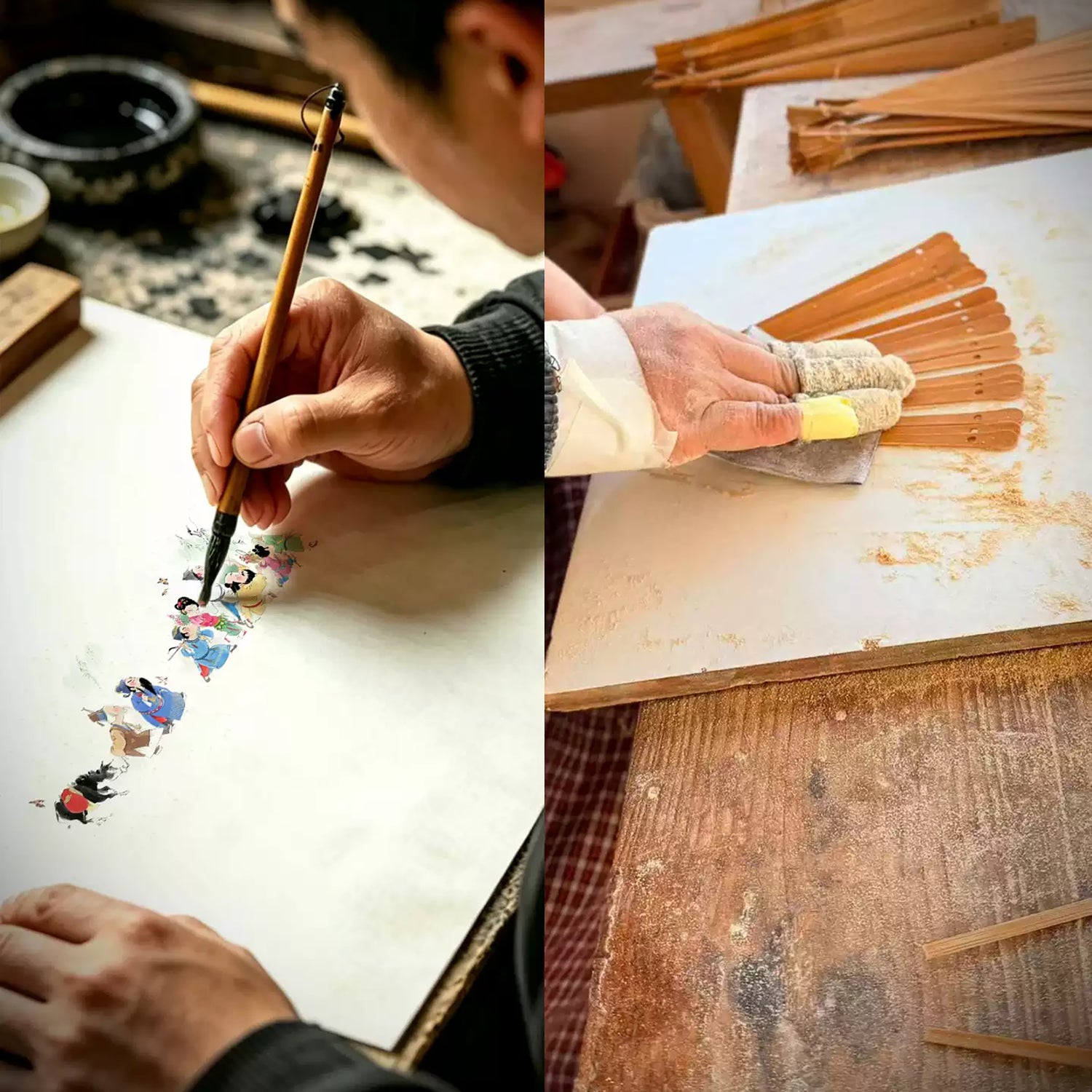 Éventail pliant artisanal chinois en papier Xuan et bambou d’Anji