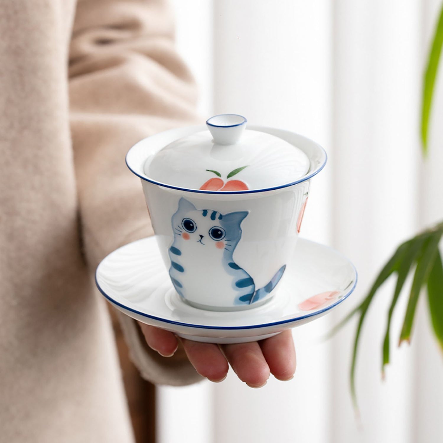 Gaiwan en porcelaine blanche avec motif chat mignon