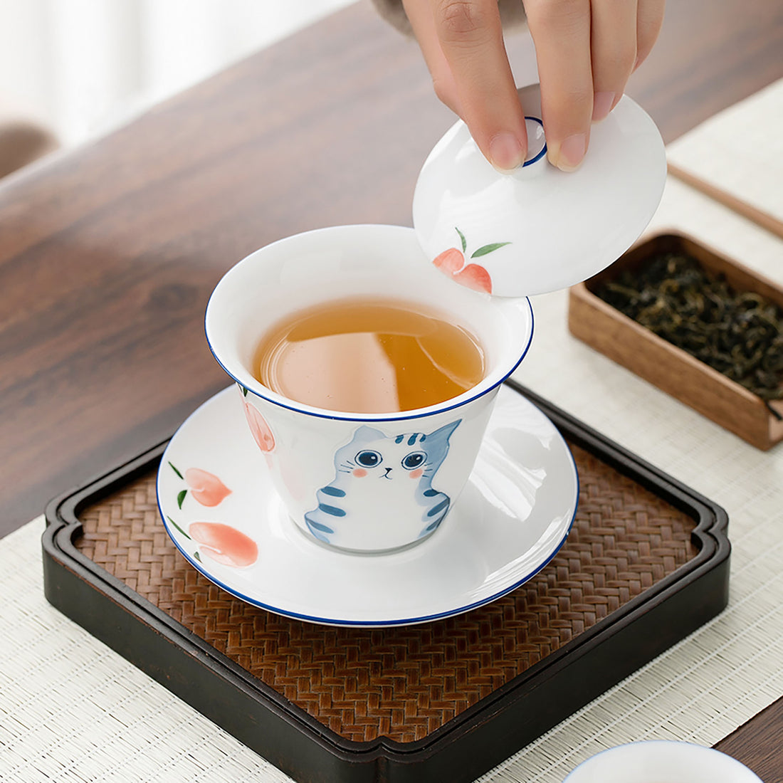 Gaiwan en porcelaine blanche avec motif chat mignon