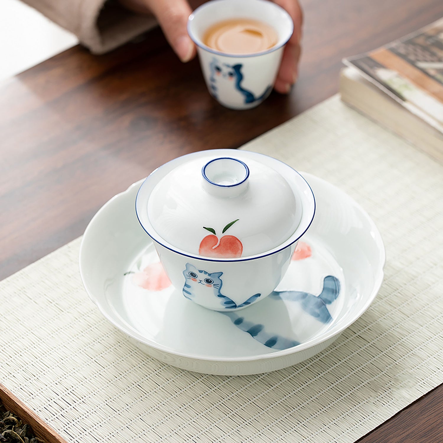 Gaiwan en porcelaine blanche avec motif chat mignon