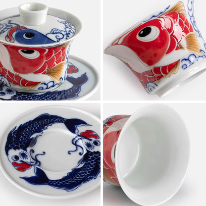 Gaiwan en porcelaine avec Motif bonheur dragon- poisson