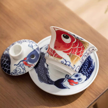 Gaiwan en porcelaine avec Motif bonheur dragon- poisson