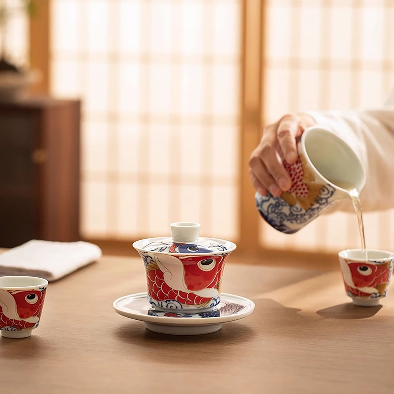 Gaiwan en porcelaine avec Motif bonheur dragon- poisson