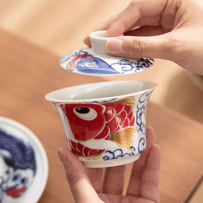 Gaiwan en porcelaine avec Motif bonheur dragon- poisson