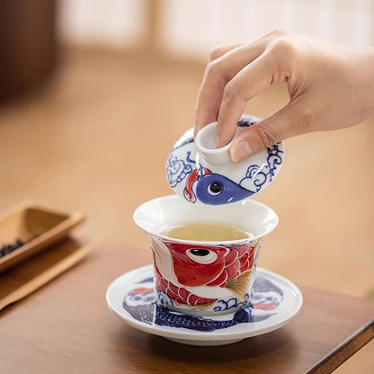 Gaiwan en porcelaine avec Motif bonheur dragon- poisson