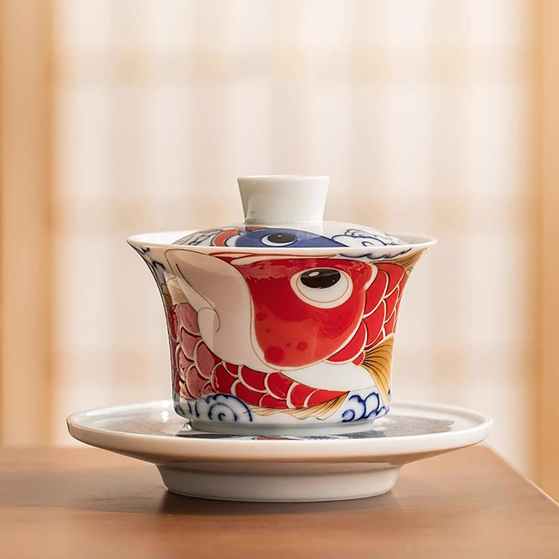 Gaiwan en porcelaine avec Motif bonheur dragon- poisson