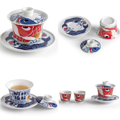 Gaiwan en porcelaine avec Motif bonheur dragon- poisson