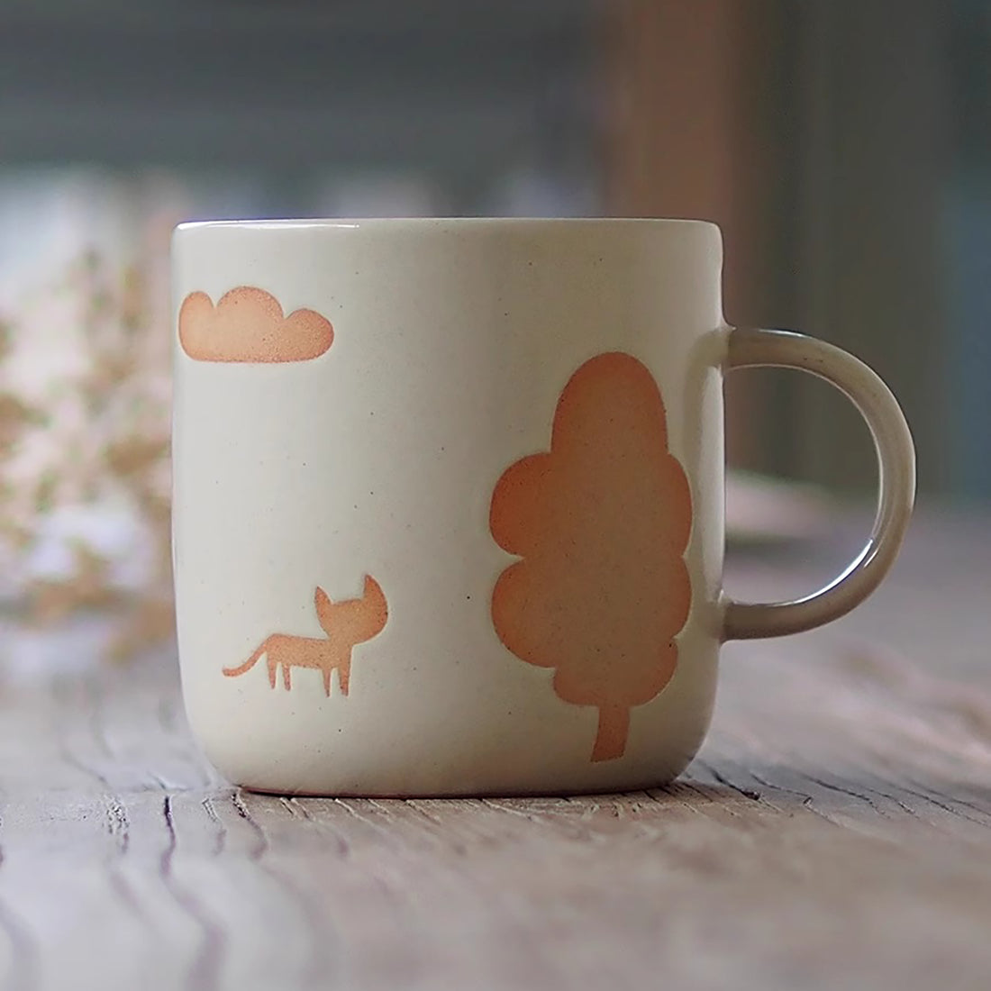 Mug en céramique fait à la main avec motif  Chat et maison