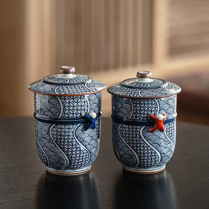 Tasse avec couvercle Arita-yaki décor vagues Seigaiha et Shippō