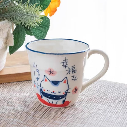 Mug japonais en céramique Seto-yaki avec chat priant