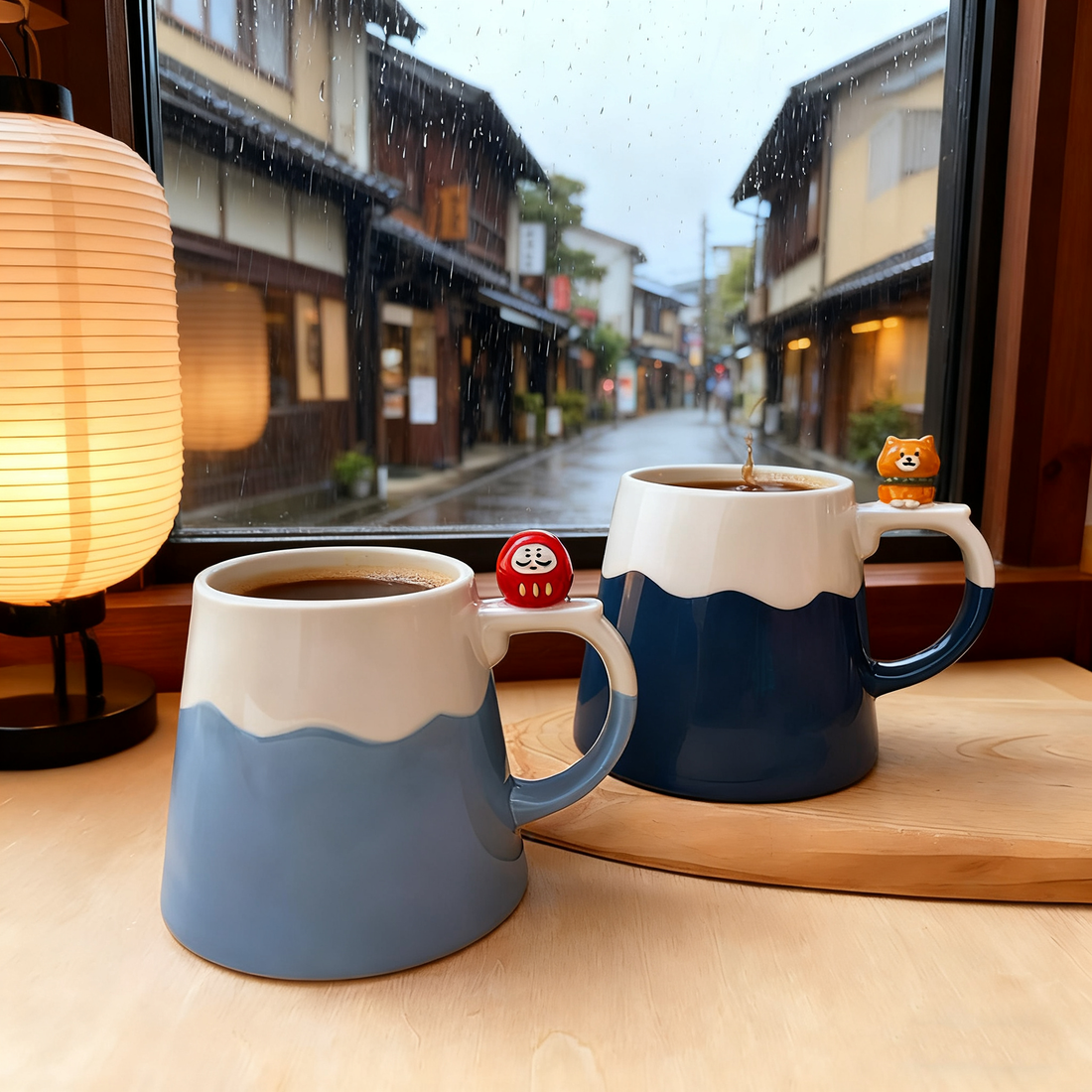 Mug mont-Fuji avec figurine Daruma et Shiba