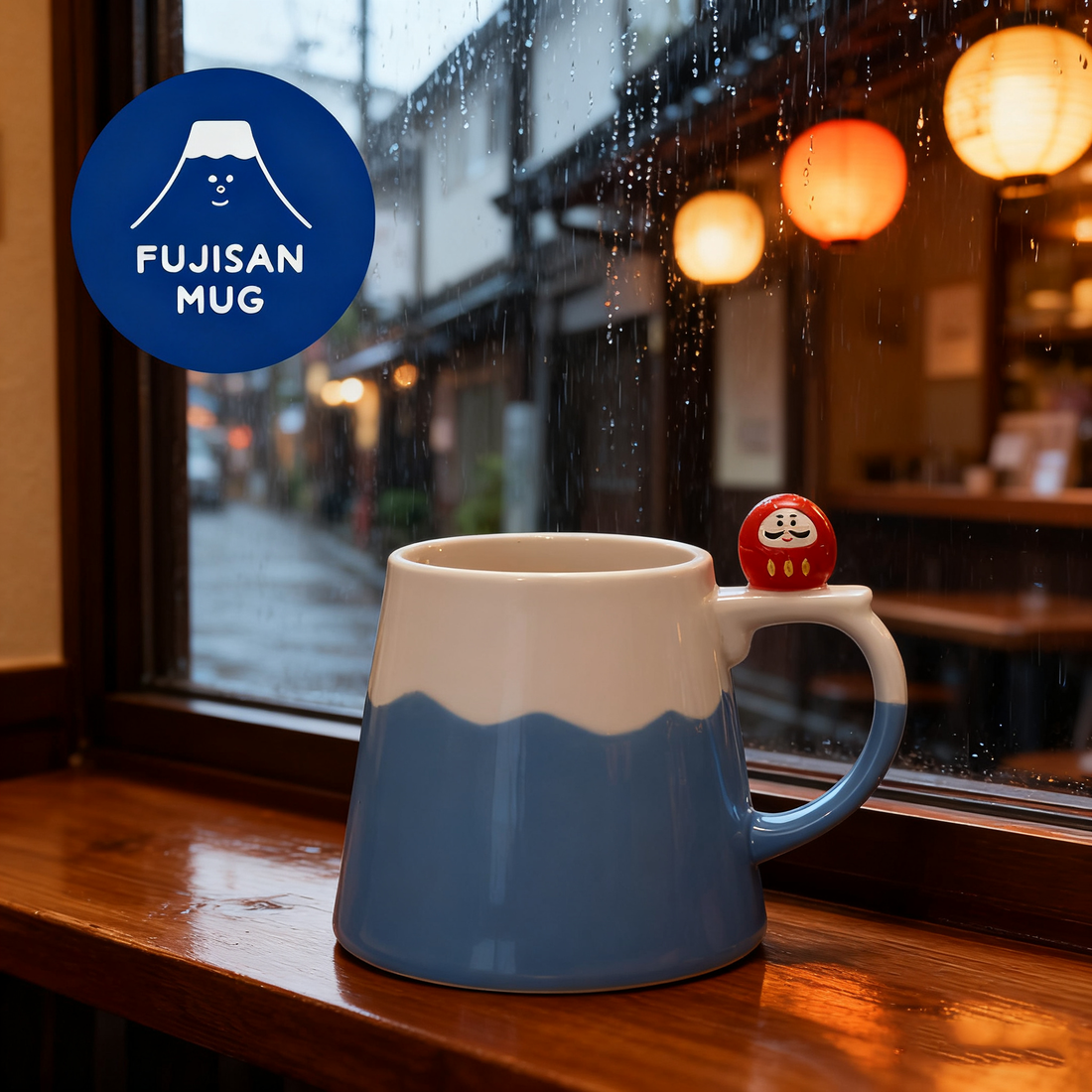 Mug mont-Fuji avec figurine Daruma et Shiba