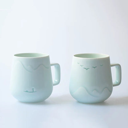 Mug en porcelaine style translucide avec motif oiseaux et pêcheur