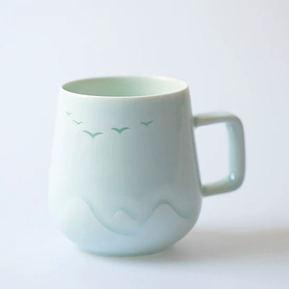 Mug en porcelaine style translucide avec motif oiseaux et pêcheur