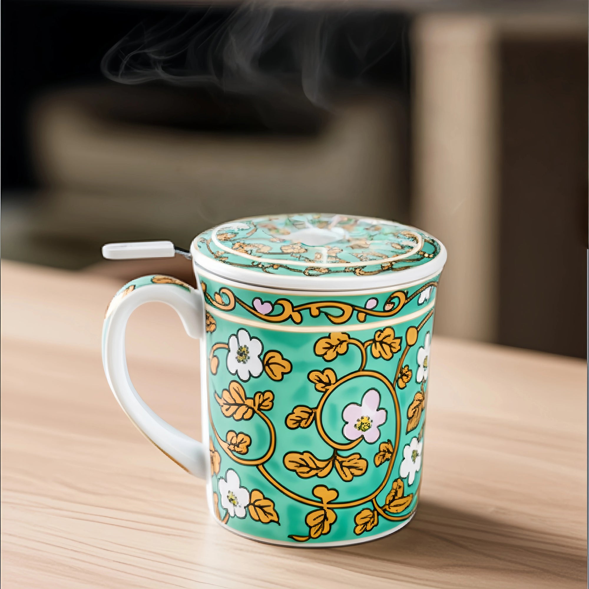 Mug en céramique vintage avec couvercle et filtre