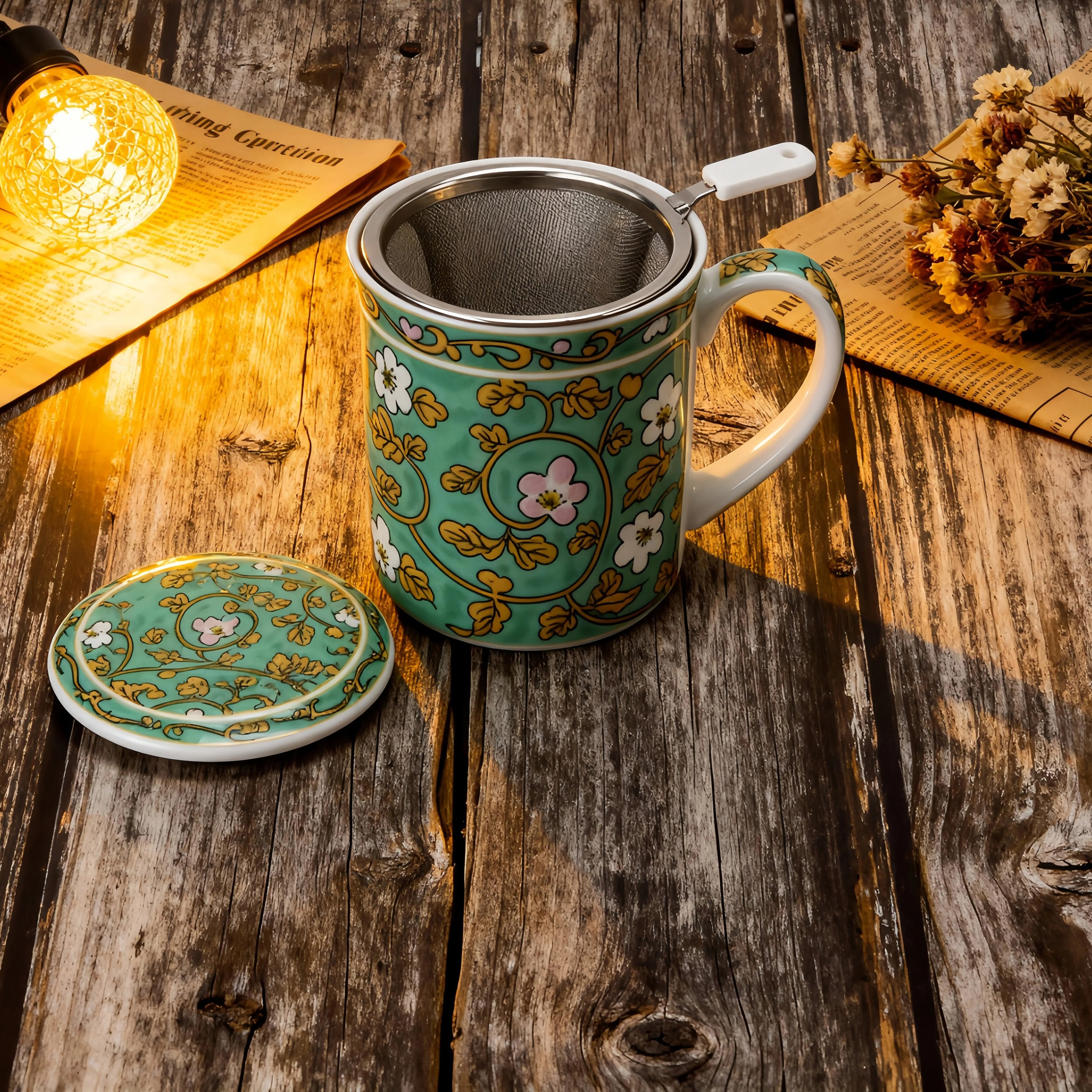 Mug en céramique vintage avec couvercle et filtre