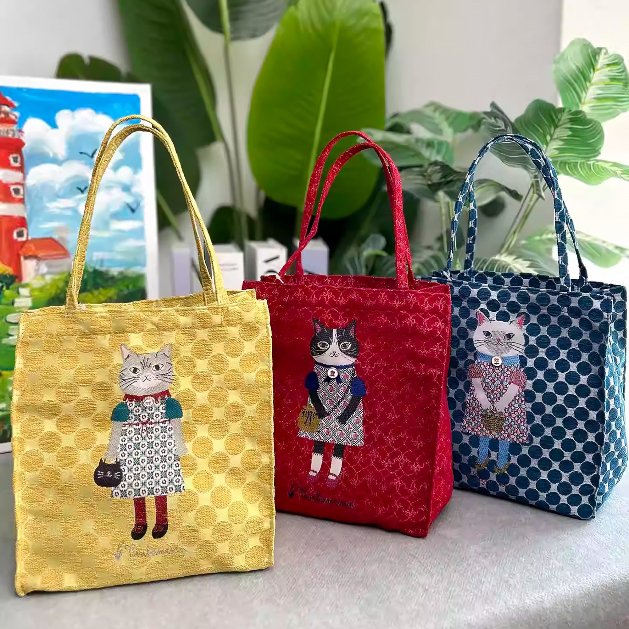 Sac fourre-tout Kusuguru en jacquard chenille motif chat