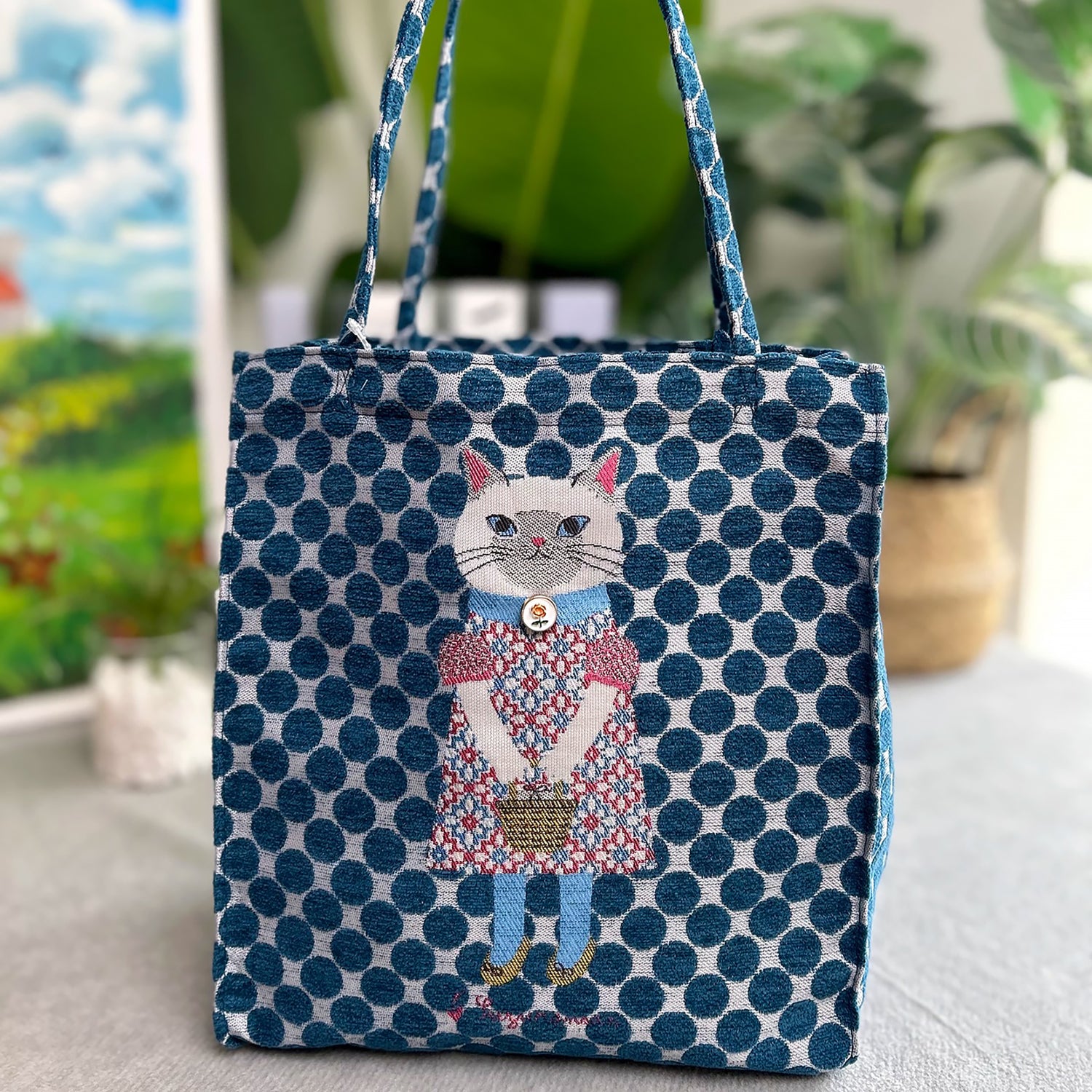 Sac fourre-tout Kusuguru en jacquard chenille motif chat