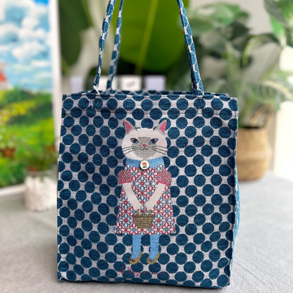Sac fourre-tout Kusuguru en jacquard chenille motif chat