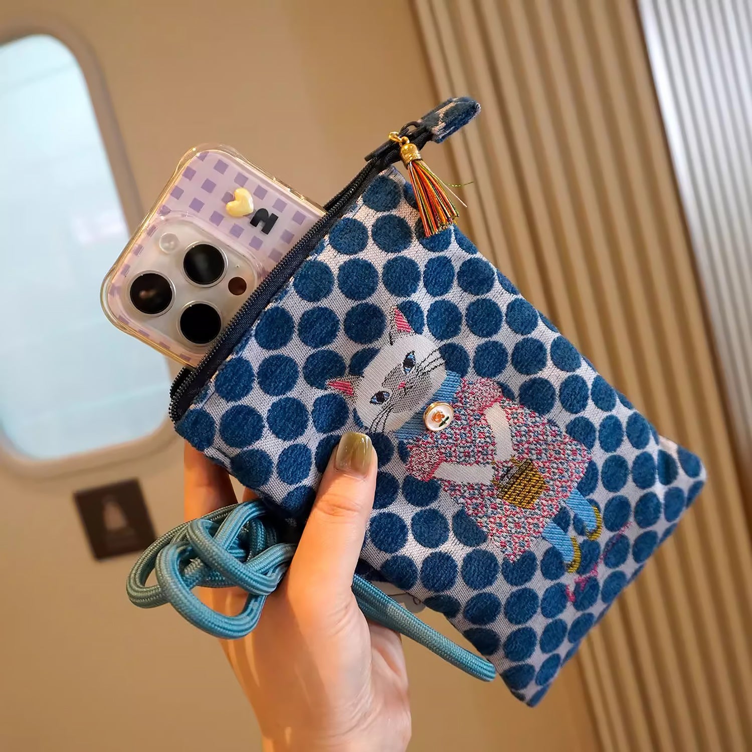 Sac bandoulière Kusuguru en jacquard avec motif chat brodé