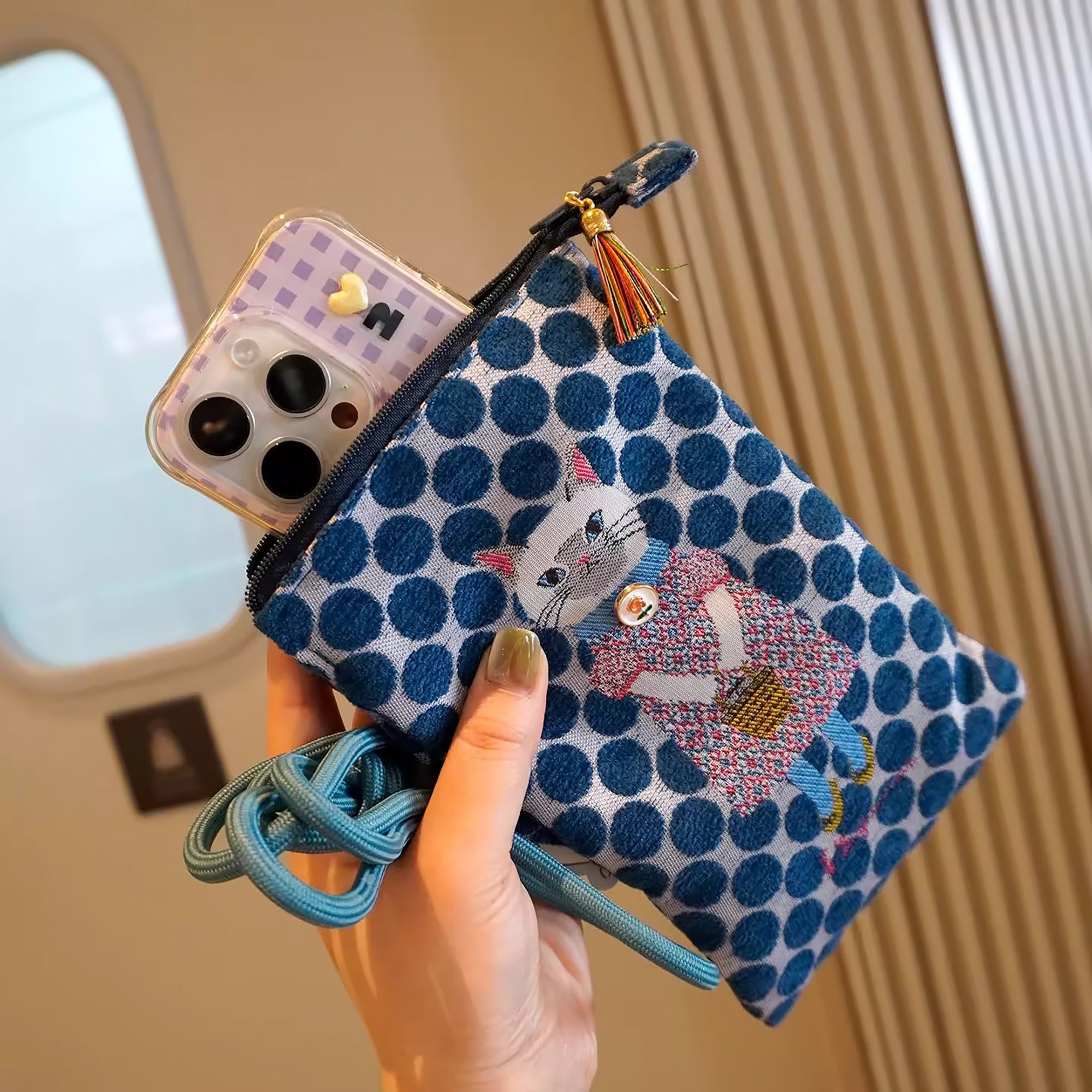 Sac bandoulière Kusuguru en jacquard avec motif chat brodé